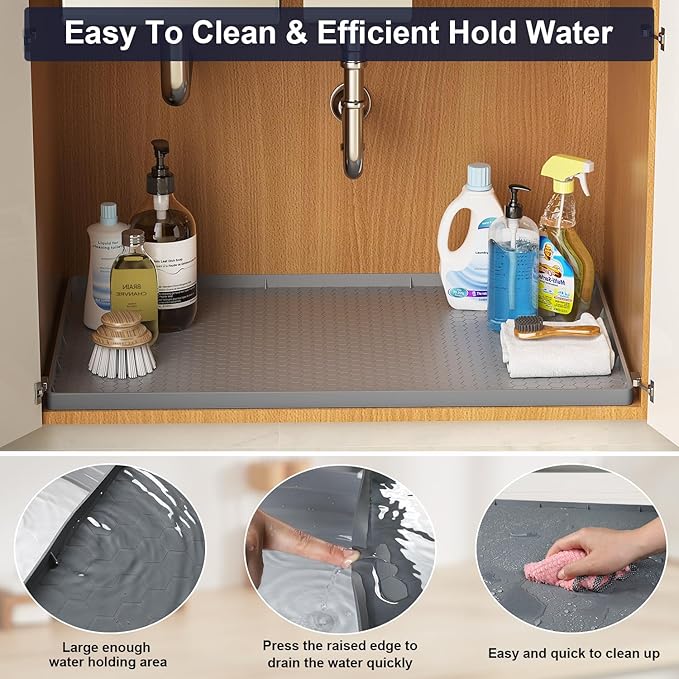 Under Sink Mats for Kitchen Waterproof - 22" x 19" Waterproof Kitchen Cabinet Mat - Flexible Silicone Under Sink Liner - Bathroom Cabinet Mat and Protector for Drips Leaks Spills (Gray)