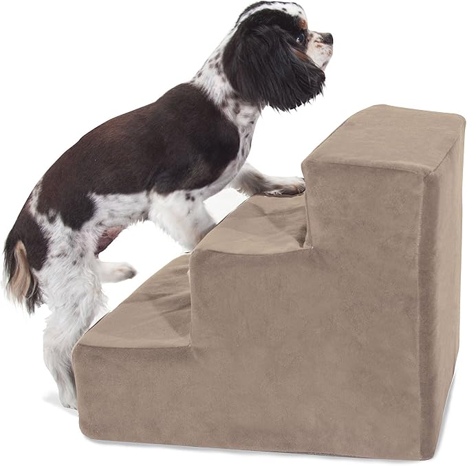 Majestic Pet 3 Step Suede Portable Dog Stairs for Small Dogs to get on Bed Supports 25 lbs or Less – Dog Steps for High Bed with Machine Washable Cover – Pet Stairs for Cats Stone
