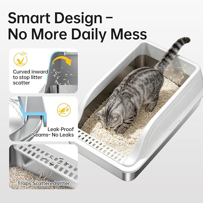 Stainless Steel XL Cat Litter Box for Cats, High-Sided Design Prevents Urine Leakage, Non-Stick, Easy to Clean, Includes Scoop, Gray XL 2 Pack