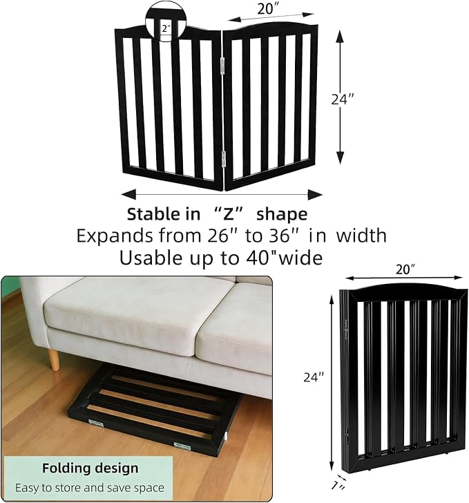 Freestanding Dog Gate Indoor,Doggie Gate Foldable Pet Gates for Doorways,Stairs or Hallways, Wooden Black Pet Gate for the House, Pet Fence,24 "Height-2 Panels