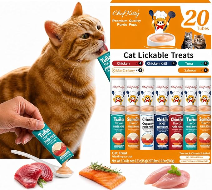 Cat Treats Lickable | Grain-Free Cat Food Toppers, High Protein | Creamy Puree Squeeze Ups with Vitamin E & Taurine, Digestible Formula | 0.5 oz. Each Tube, Chicken & Seafood Mix Variety | 20 Tubes