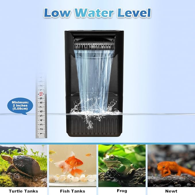 220GPH Turtle Filter for 20-45 Gal Tank, Small Turtle Filters 3-stage Filtration for Freshwater Saltwater Cloudywater, Ultra-quiet and Flow Adjustable for Fish Turtles Shrimps Amphibians Frogs | Minimum water level required: 2.6 inches