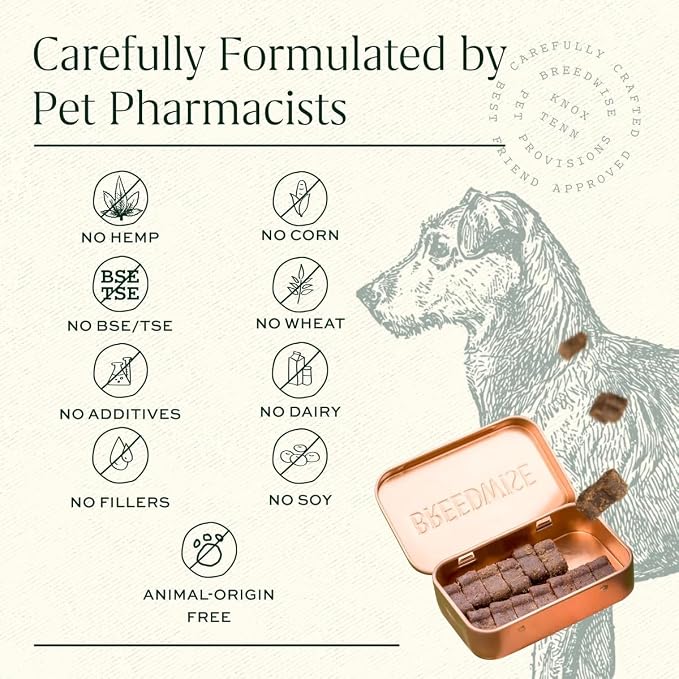 Dog Calming Treats, All Natural Holistic Dog Anxiety Relief Bites, Hickory Bacon Flavor, Stress Reducing, 210g (60 Chews, Hickory Bacon) (14 Chews in Premium Metal Tin)