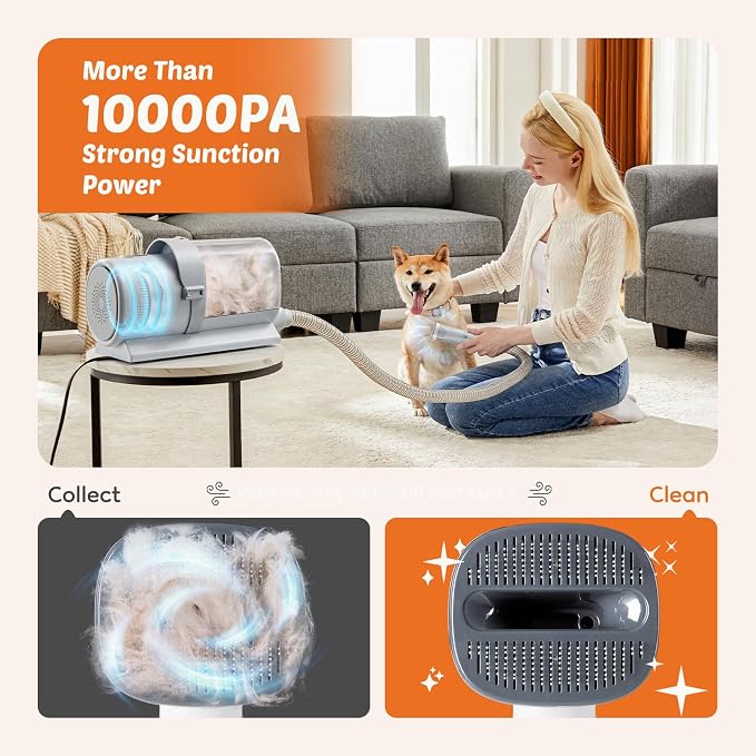 DUMOS Pet Grooming Vacuum Kit, 3 Adjustable Suction Modes Dog Hair Clipper, 5 Professional Grooming Tools with Low Noise Cat Hair Clippers, 2.5L, Gray