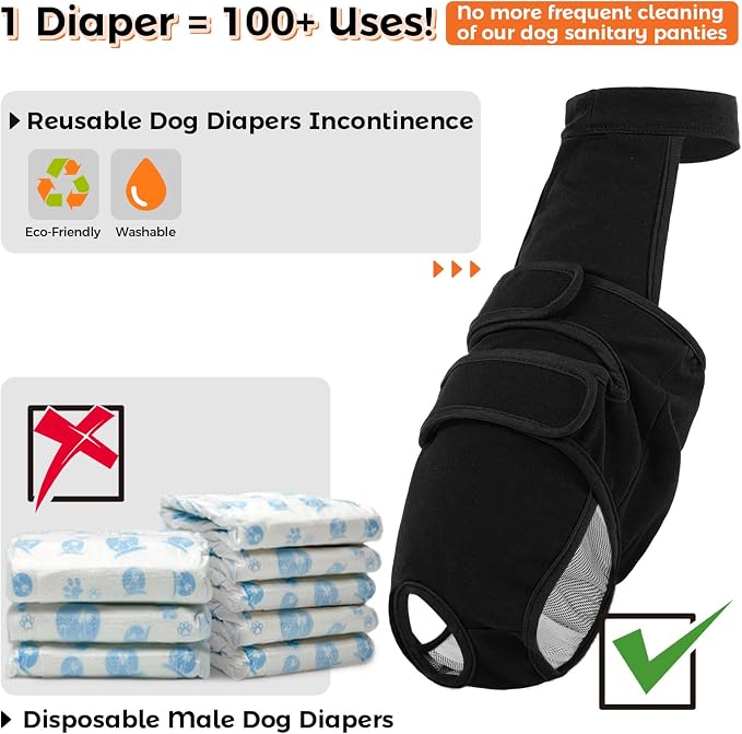 QBLEEV Female Dog Diapers with Adjustable Suspenders – Washable Sanitary Panties for Dogs in Heat or Incontinence, Escape-Proof Reusable Pet Period Underwear Onesie for Small to Large Breeds