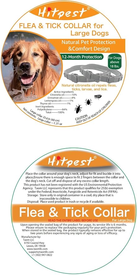 Flea and Tick Collar for Large Dog, 12-Month Full-Body Protection, Natural Ingredients, Free Flea Comb and Tweezers Included, 2 Packs