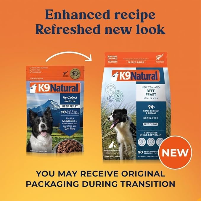K9 Natural Beef Freeze Dried Dog Food, High-Meat Natural Complete Meal or Meal Toppers for Dogs, Grass-Fed Beef from New Zealand, Grain-Free, GMO-Free, Complete & Balanced Nutrition, 17.6oz