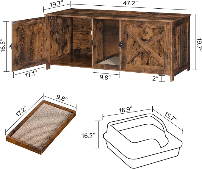 MAHANCRIS Cat Litter Box Enclosure for 2 Cats, 47.2" Hidden Litter Box Furniture with Double Room, Wooden Cat Washroom with Scratching Board, Indoor Cats House End Table, Rustic Brown CWHR1201