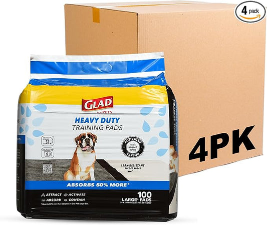 Glad for Pets XL Charcoal Training Pads Heavy Duty Leak Resistant Puppy Pee Pads Activated Carbon Odor Control Quick Dry Quilted Top Indoor Potty and Crate Liner 24 x 24 in 100 Count 4 Pack