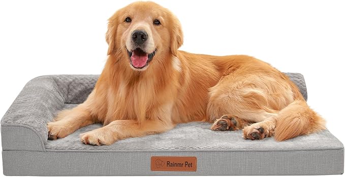 Rainmr Orthopedic Dog Beds for Large Dogs, Memory Foam Dog Beds Large Sized Dogs, Washable Removable Cover, Nonskid Bottom, Waterproof, for Indoor, Outdoor, Crate ＆ Car Use, 41x27x6 Inches, Light Grey