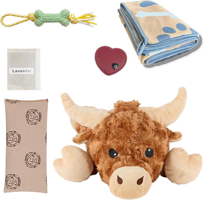 Cow - Puppy Heartbeat Toy for Anxiety Relief with Reusable Heat Pack and Lavender, Sleep Aid for Dogs, Plush Comfort Toy for All Breads (Cow Kit)