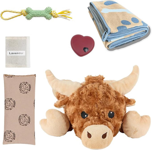 Cow - Puppy Heartbeat Toy for Anxiety Relief with Reusable Heat Pack and Lavender, Sleep Aid for Dogs, Plush Comfort Toy for All Breads (Cow Kit)