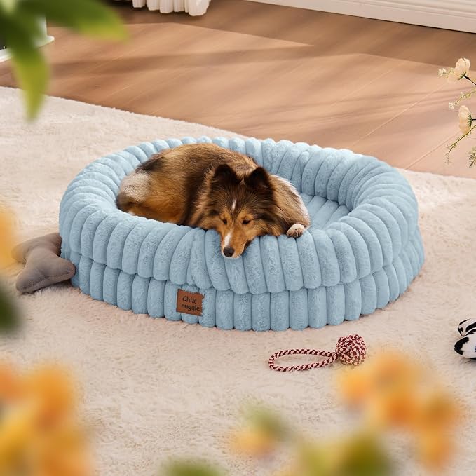 ChiXnuggle Orthopedic Dog Bed for Medium Dogs, Waterproof Faux Rabbit Fur Dog Couch with Egg Crate Foam Support and Washable Removable Cover, Bolster Pet Sofa with Non-Slip Bottom, 30x24x7, Light Blue