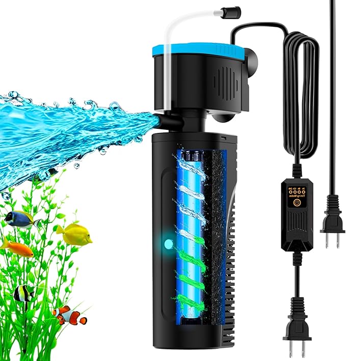 Aquarium Filter | U-V Fish Tank Filter for Green Water Cleaning | U-V Clarifier with Timer | Aeration & Rainfall Mode | Turtle Tank Filter | Submersible Pump with Filter | for 60-150 Gallons