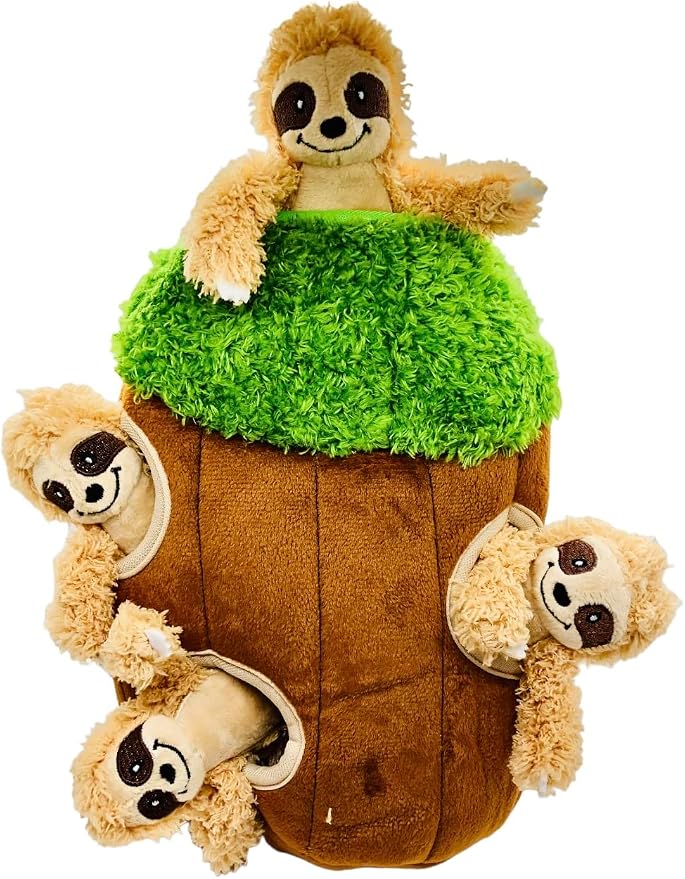Glow Pups Hide and Seek Dog Toy, Sloth Dog Toy, Plush Squeaky Burrow Tree for Dogs, Interactive Puzzle for Mental Stimulation, Woodland Style, Medium Size, Set of 4
