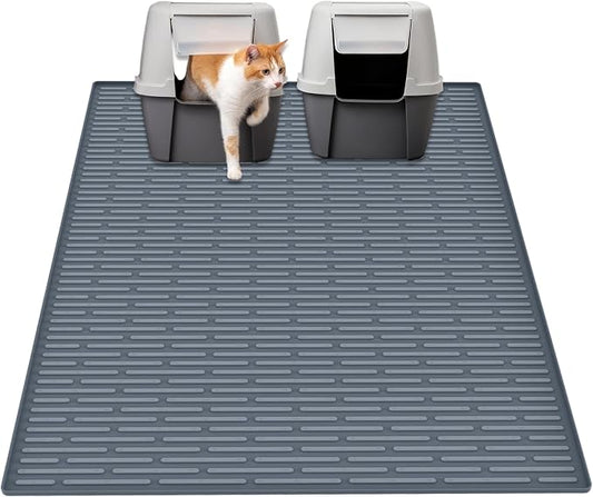40"x30"(100cmx75cm) Extra Large Silicone Cat Litter Mat, XXL Litter Trapping Mat for Under Litter Box, Non-Slip Waterproof Kitty Litter Catcher, Easy to Clean Mat for Cats, Gray Blue