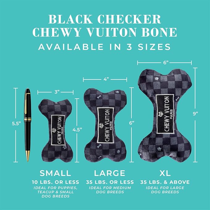 Haute Diggity Dog Chewy Vuiton Bone Plush Squeaky Dog Toy, Soft Durable Designer-Inspired Stuffed Puppy Chew Toys for Small & Medium Dogs, Machine-Washable (Black Checker) Small