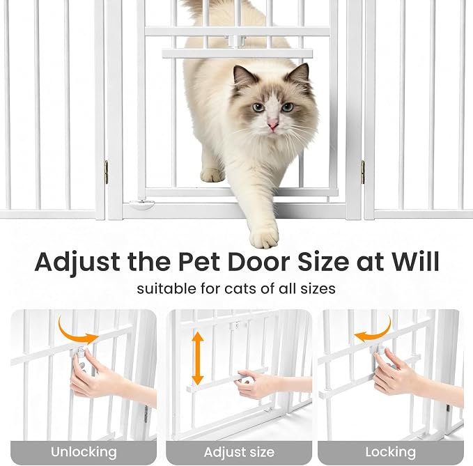 Metal Freestanding Dog Gate with Cat Door for Outdoor & Indoor,80" Extra Wide Foldable Pet Fence,30" Tall Dog Gate for RV Camping,Stairs,Hallways,Doorways,Deck,Yard,with 3PCS Support (4 Panels,White)