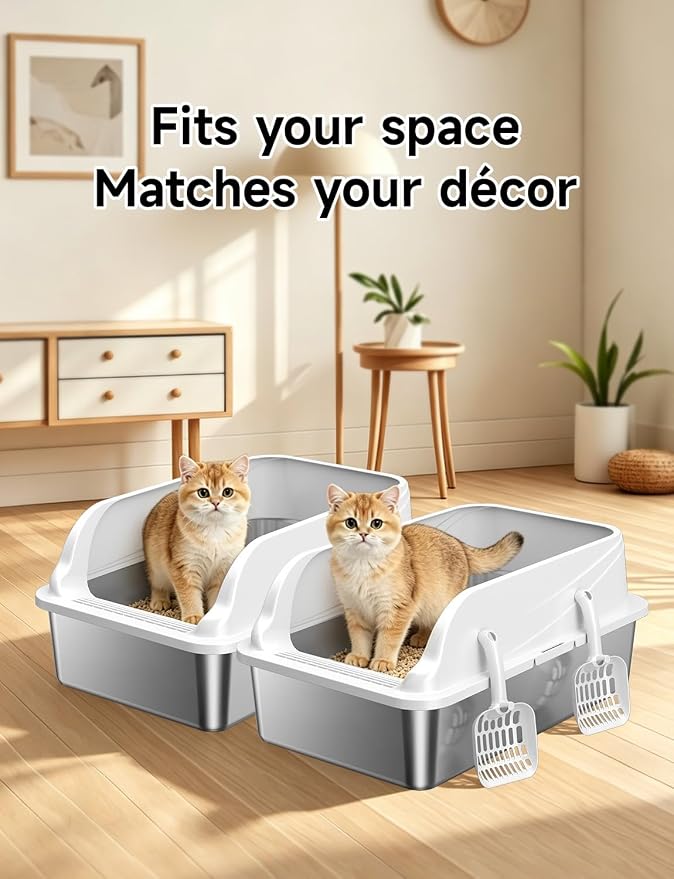 2PACK Stainless Steel Cat Litter Boxes, XL Large Metal Litter Box with High Sides Lid, Odor Free Litter Pan Include Scoop Easy Cleaning Anti-Scratch Kitty Cat Box Anti-Urine Leakage, Non-Sticky