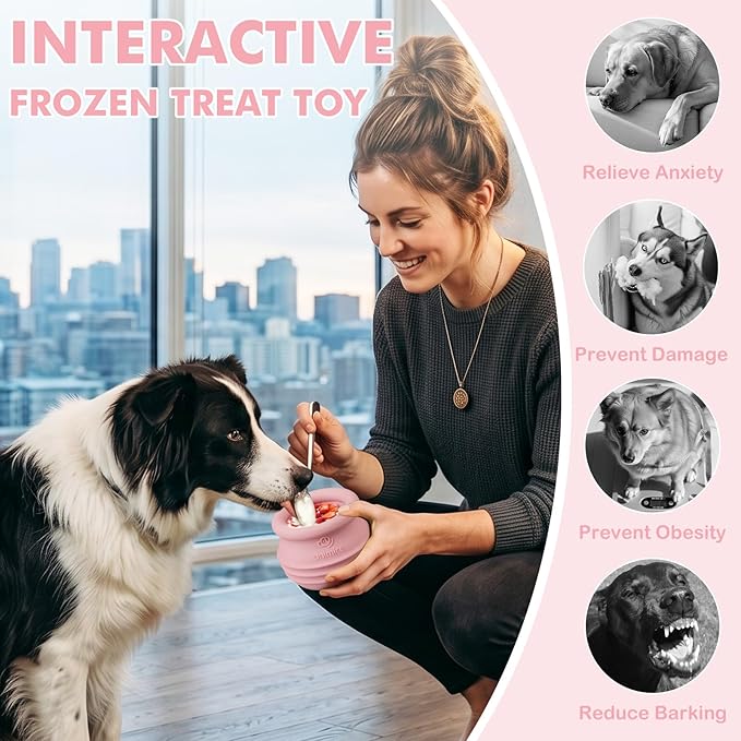 Treat Dispensing Dog Toy, Long-Lasting Interactive Puzzle Toys for Dogs, Stuffable Dog Enrichment Frozen Lick Treat Toy for Boredom, BPA Free Silicone Fetch Catch Chew Toy (Pink,L)