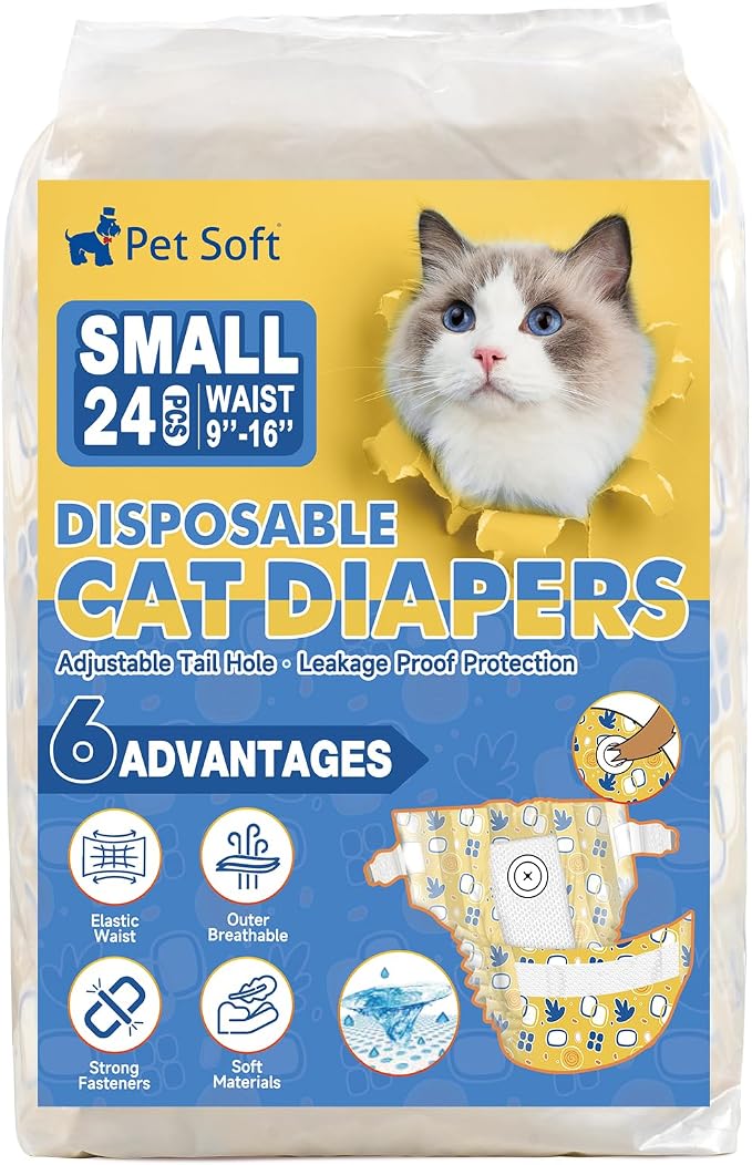 Pet Soft Disposable Cat Diapers - Diaper for Female & Male Cats, Puppy Doggie Diapers for Female Dogs with Adjustable Foam Tail Hole, Small (24Pcs, Yellow)