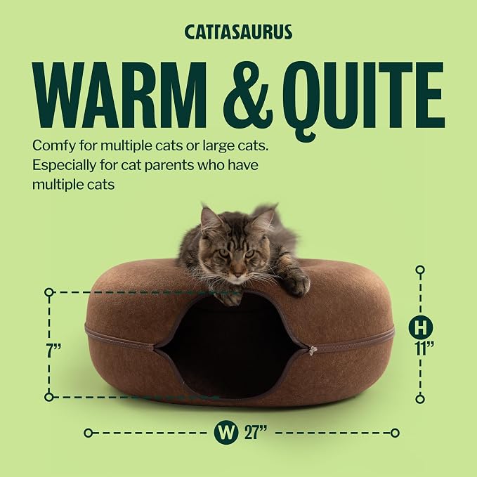 Cattasaurus Peekaboo Cat Cave Donut for Multiple & Large Cats up to 30-45 lbs, 3-in-1 Self Warming Cat Bed, Tunnel & Scratcher for Indoor Cats, Washable & Detachable Small Dog Bed (Brown, Jumbo)