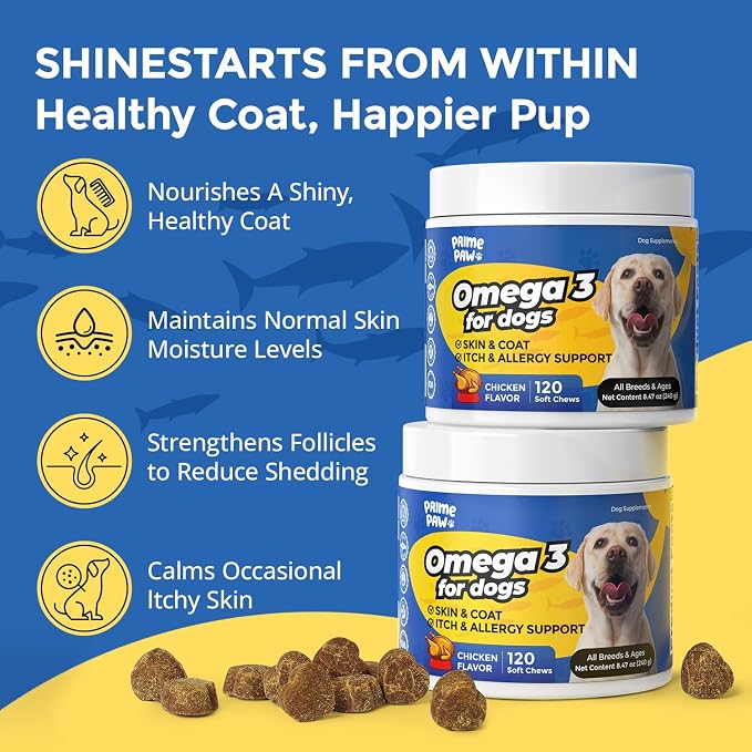 Omega-3 Skin & Coat Soft Chews for Dogs -120 Count, 2-Month Supply -Salmon Oil + Krill + Flaxseed with Turmeric & Green Tea -Itch Relief, Shedding Control & Healthy Coat for All Breeds
