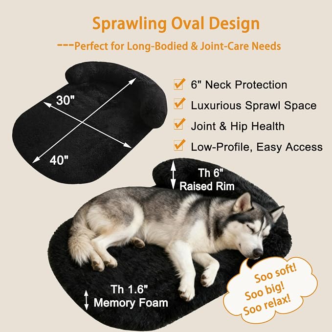 Orthopedic Dog Bed with Egg-Crate Base, Calming Dog Beds Fluffy Plush Faux Fur with Raised Edges, Spine Friendly Pet Sleeping Mat for Medium Large Dogs, Machine Washable (Oval, Black 40"x30")
