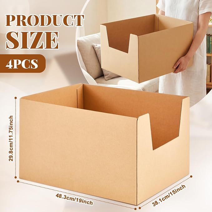 Lounsweer 4 Pack XXL Extra Large Disposable Cat Litter Box, 19 x 15 x 11.75 in Deep High-Sided, Self-Adhesive Leakproof Recyclable Cardboard Litter Box for Large Cats Moving Travel Short-Term Use