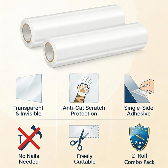 2 Pack Anti-Cat Scratch Furniture Protector, Single-Sided Sticky Couch Protector for Cats Claws,Cat Scratch Furniture Protector,Cat Scratch Furniture Door Protector for Sofa Tables (196.85" x 11.81")