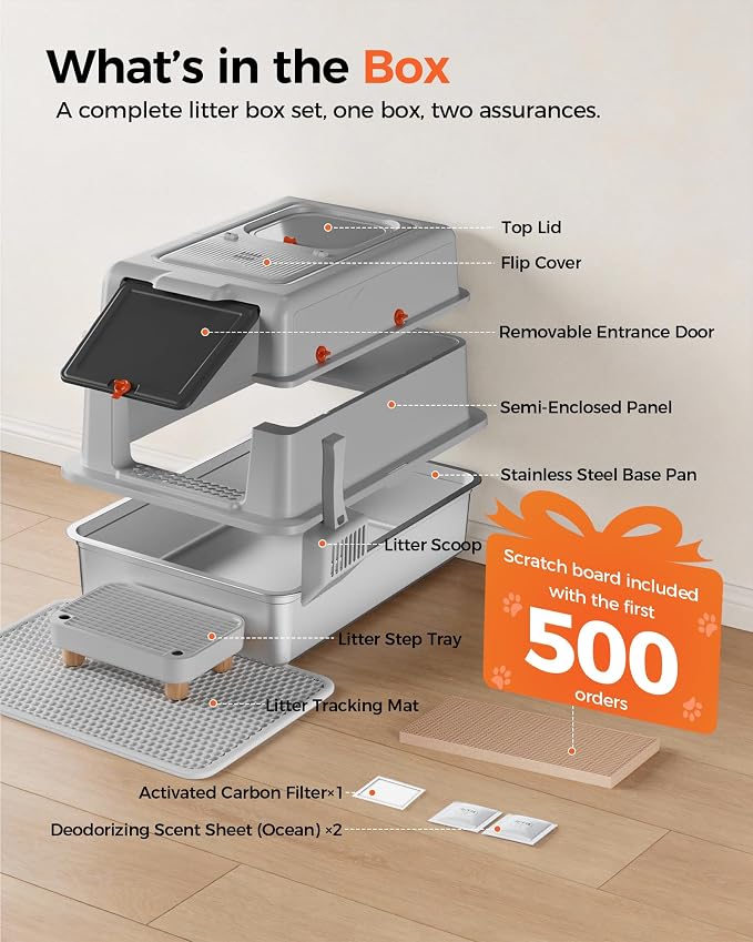XXXL Stainless Steel Cat Litter Box with Lid, 27.5"×20.1"×17.3" Jumbo Enclosed Litterbox,Dual-Entry (Front Entry & Top Exit),High-Sided,Non-Stick,Odor Control,for Big Cats, with Mat,Scoop & Step,Grey