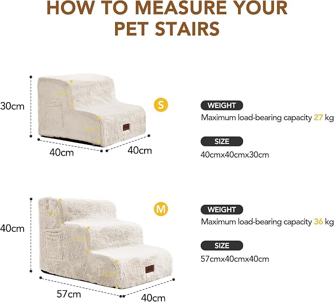 PETNOVO Ultra-Soft Faux Fur Dog Stairs for Bed and Couch, 3-Step Dog Steps for Small Dogs, Non-Slip Foam Pet Stairs, Washable Cover, 15.7" D x 22.4" W x 15.7" H, Off-White