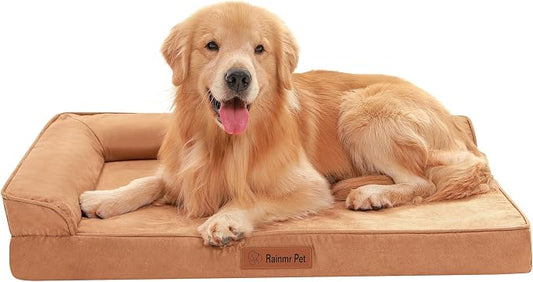 Rainmr Orthopedic Dog Bed for Large Dogs, 36"x27"x6" Memory Foam Pet Bed with Washable Microsuede Cover, TPU Waterproof Liner & Nonskid Bottom, for Indoor, Outdoor, Crate ＆ Car Use, Khaki