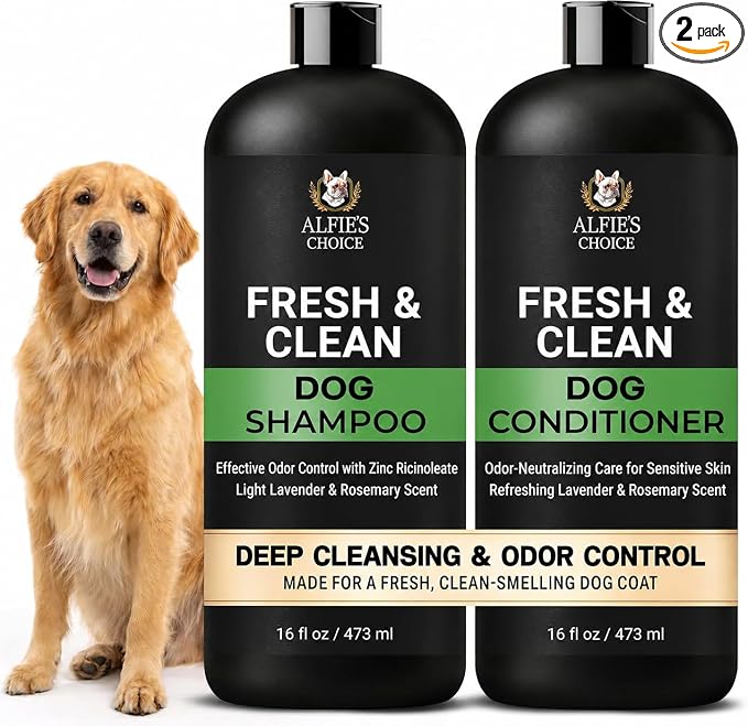 ALFIE'S CHOICE Dog Shampoo for Smelly Dogs | Fresh & Clean Shampoo and Conditioner Set | 16 fl oz Each | Lavender & Rosemary Deodorizing Wash | Odor Control for All Breeds