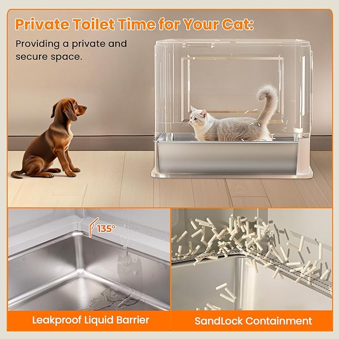 Stainless Steel Cat Litter Box with Lid, Top Entry Covered Box, Deeper Pan | Metal Litter Box with Lid & Pull-Out Drawer for Big Cats, Leak-Proof Baffles, with charcoal filters and Mat & Scoop