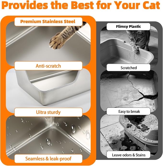 Stainless Steel Litter Box,Extra Large High Sided Litter Box for Indoor Big Cats,XL Jumbo Metal Cat Litter Boxes with Low Entry for Kittens & Senior Cats,Splash-Proof,Easy to Clean (Corner Entry)