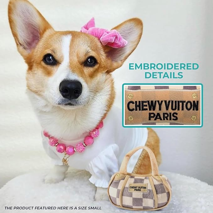 Haute Diggity Dog Chewy Vuiton Handbag Plush Squeaky Dog Toy, Soft Durable Designer-Inspired Stuffed Puppy Chew Toys for Small, Medium & Large Dogs, Machine-Washable (Tan Checker) XL