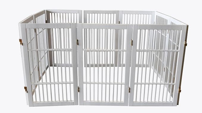 Urnporium Pet Dog Gate Freestanding, Strong Durable Folding Wooden Fence, Portable Acacia Hardwood Safety Barrier for Indoor & Outdoor Use (White Pet Gate, 10 Panel 30" Tall)