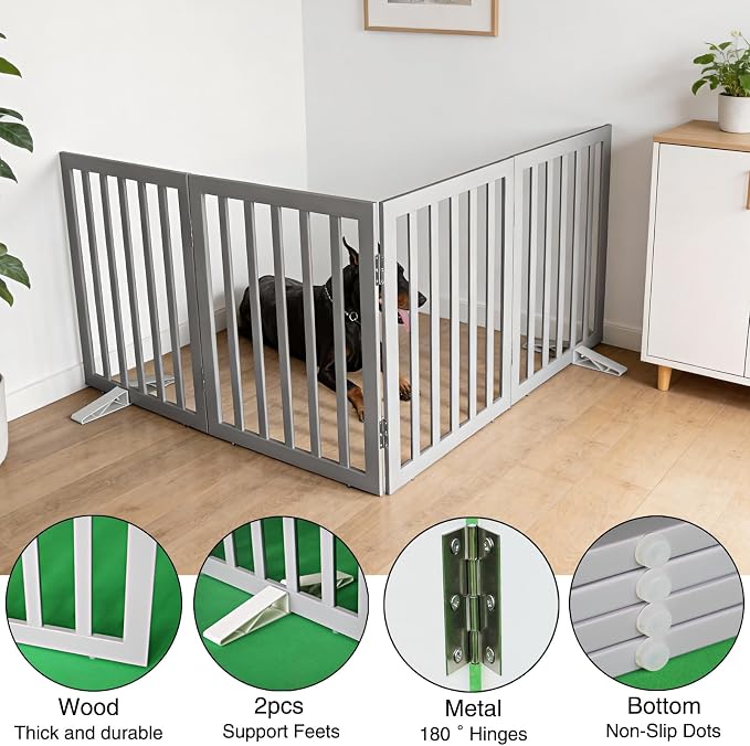 Dog Gate Indoor, Freestanding Dog Fence for The House, Doorways, Hallways,or Stairs,Pet Gate Foldable Wooden,Expandable 24" Height 4 Panels,Grey