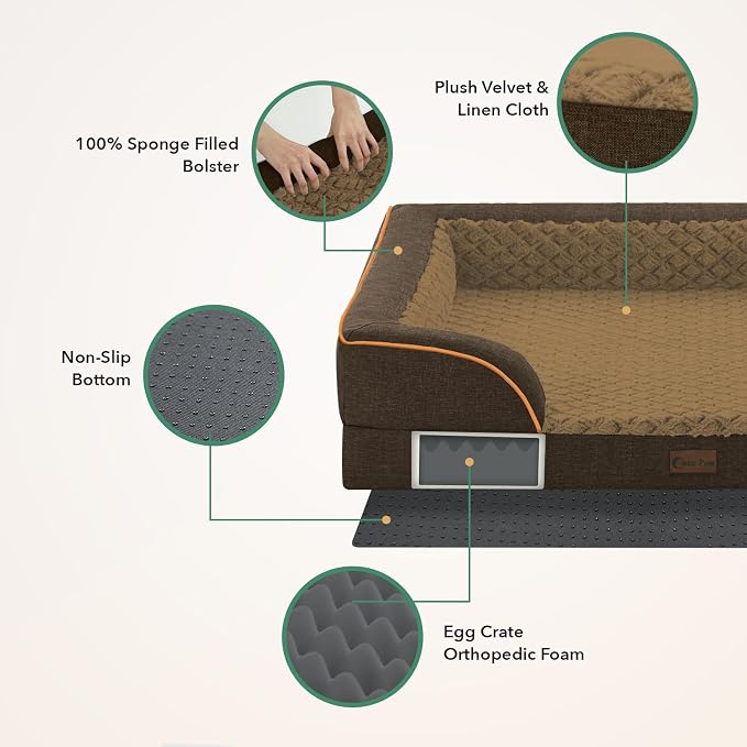 Orthopedic Dog Beds for Extra Large Sized Dogs 53x42 Inch, XXL Waterproof Egg Crate Foam Dog Sofa Bed with Removable Washable Cover Big Pet Couch with Bolster & Non-Slip Bottom, Brown