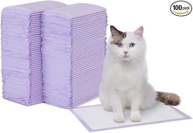 Amazon Basics Cat Pee Pads, Super Absorbent, Odor Control, Unscented, Universal Fit for Litter Box, Disposable, White/Purple, 100 Count