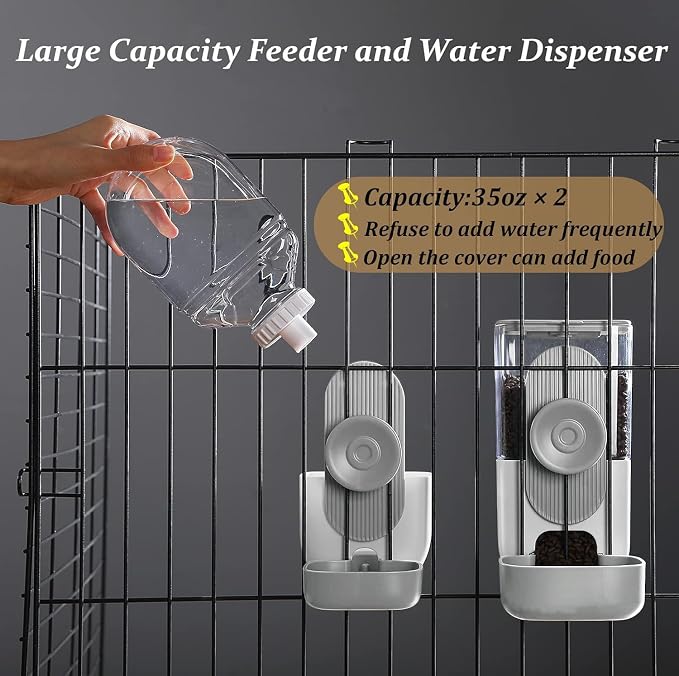 Kenond Hanging Automatic Food Water Dispenser, 35oz Rabbit Feeder Guinea Pig Water Bottle Feeder for Ferret Guinea Pig Rabbit Bunny Cage Accessories(Gray)