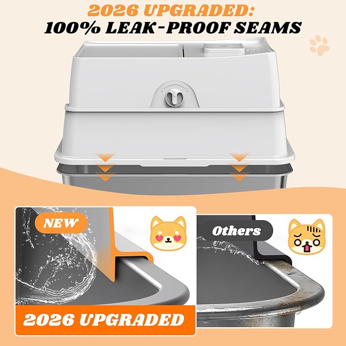 Stainless Steel Litter Box with Lid | Extra Large Enclosed Cat Litter Box for Big Cats | High Sided Metal Litter Boxes | 100% Anti-Urine Leakage | Odor Control | Non-Stick with Litter Scoop Set & Mat
