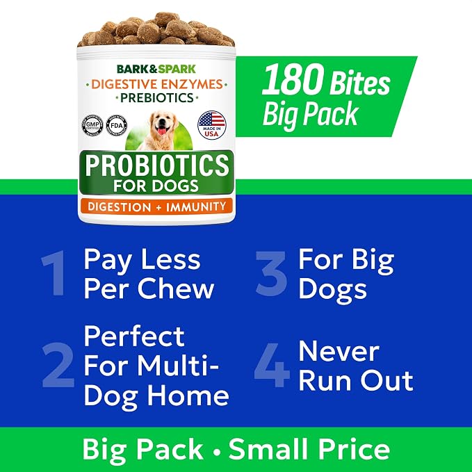 BARK&SPARK Dog Probiotics 180 Chews for Digestive Health w/Enzymes & Fiber - Diarrhea Gas Treatment Upset Stomach Relief - Allergy & Itchy Skin - Pet Probiotics for Dogs