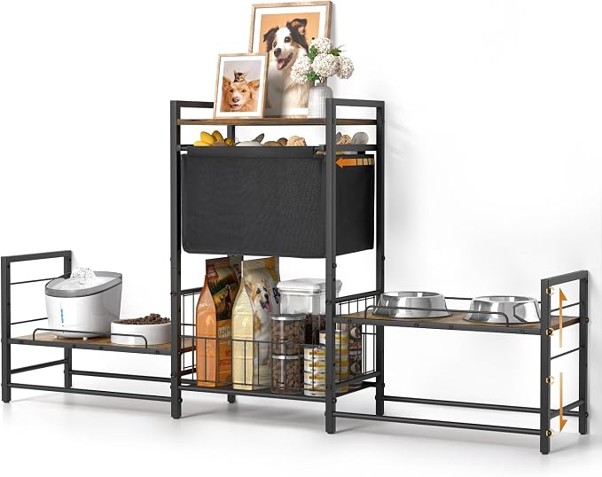 Elevated Dog Bowl Stand with 2 Feeding Stations, Adjustable Raised Feeding Station Cabinet with Toy Bin Basket, Lifted Food and Water Bowl Holder, Pet Storage Organizer for Large Medium Small Dogs