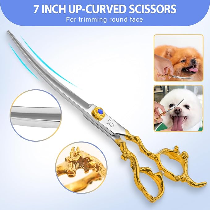 Dog Grooming Scissors,Dragon Curved Chunkers Shears and Curved Thinning Shears Deg Grooming with Safety Round Tips, Sharp and Comfortable 4 in 1 Dog Scissers for Grooming