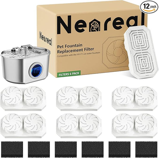 Neareal Official Cat Fountain Replacement Filters & Pre-Filter Sponges for 74oz/2.2L Stainless Steel Pet Water Fountain (6 Pack)