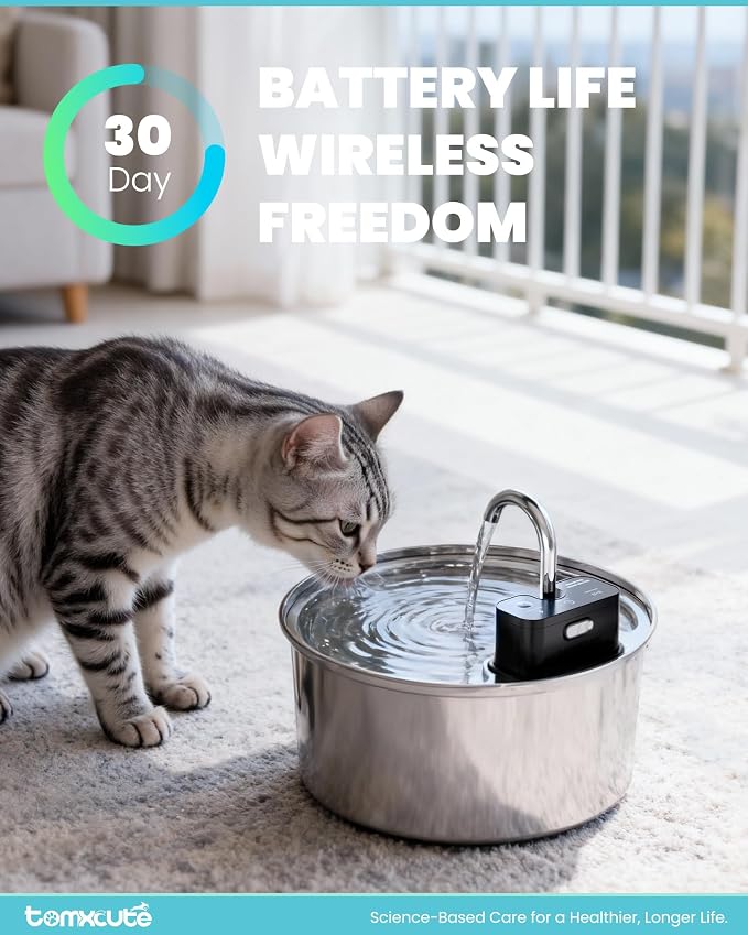 Tomxcute Wireless Cat Fountain-108oz Cordless Automatic Battery Operated | Quiet Pump Stainless Steel Pet Fountain with 3 Smart Water Supply Modes Rechargeable Water Dispenser for Cats, Dogs, Pets