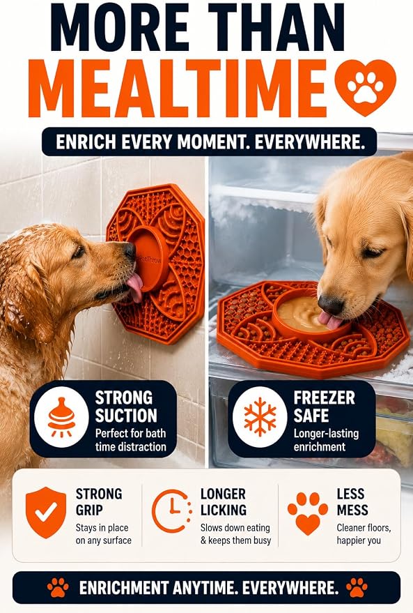PetThrow Dog Lick Mat Bundle – Octagon Silicone Slow Feeder with Suction Cups, Multi-Texture Design for Anxiety Relief | Includes Spatula, Cleaning Brush & Recipe Card, Dishwasher Safe