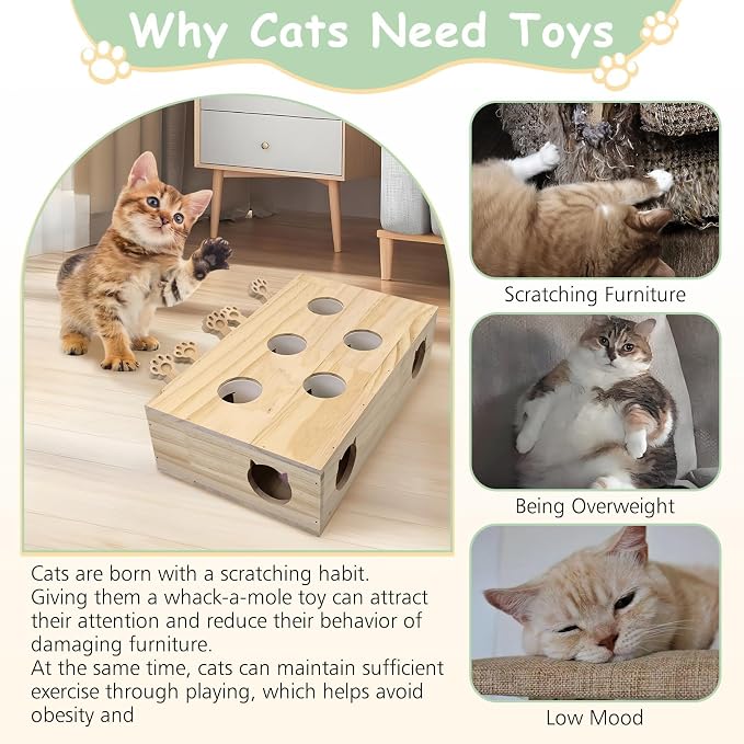 kathson Whack A Mole Cat Toy, Wooden Enrichment for Indoor Cat, Interactive Kitten Puzzle Toy for All Ages Cats Intelligence Training and Exercise (Rectangular)